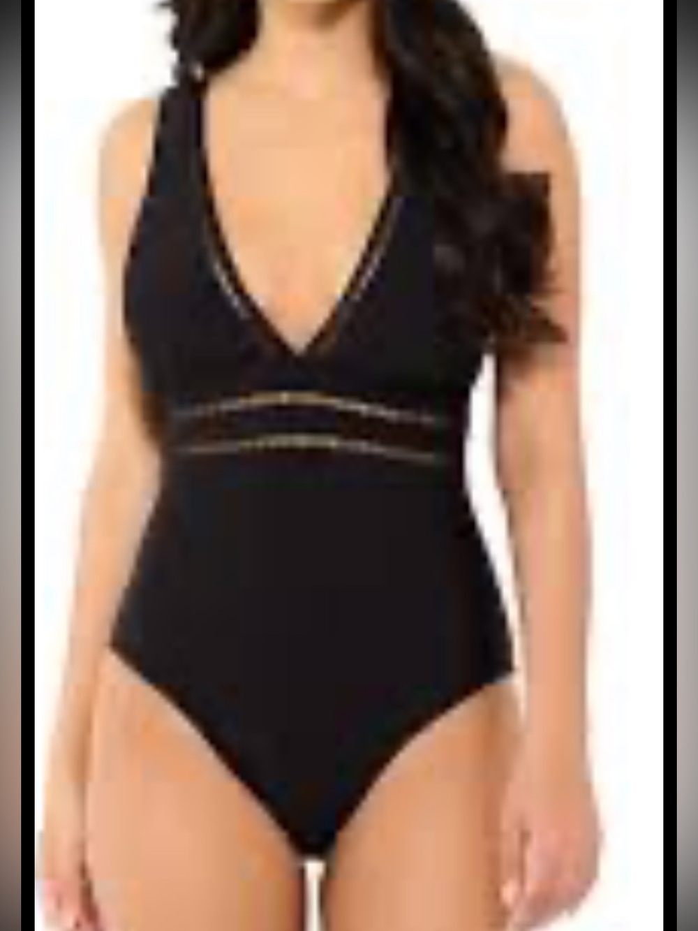Freshwater Black V-Neck One-Piece Swimsuit with ladder Detail, XL